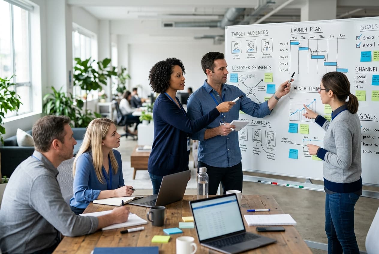 Software product team reviewing customer segments and product launch plans on a physical whiteboard