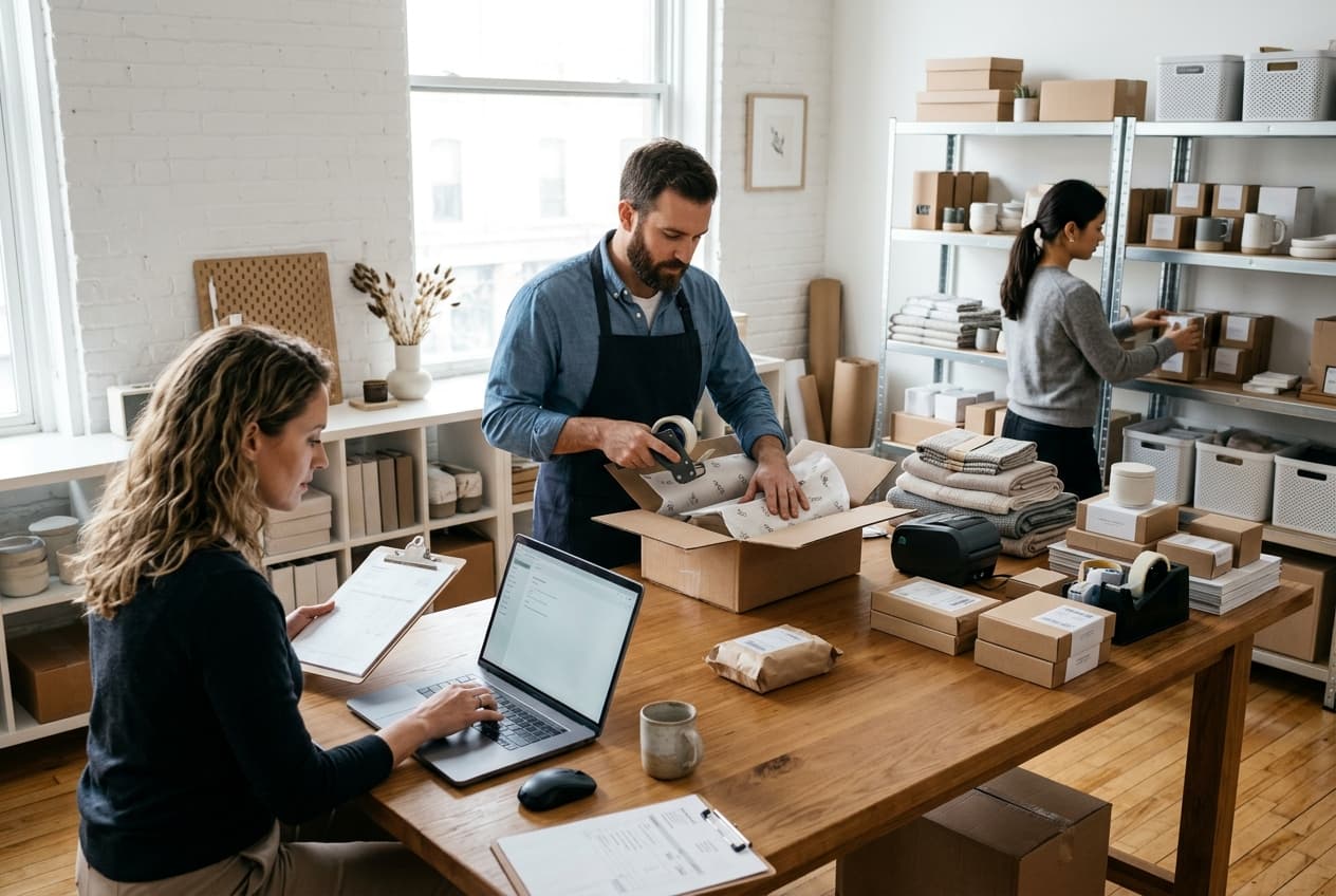 E-commerce studio team managing online product catalog and order packaging