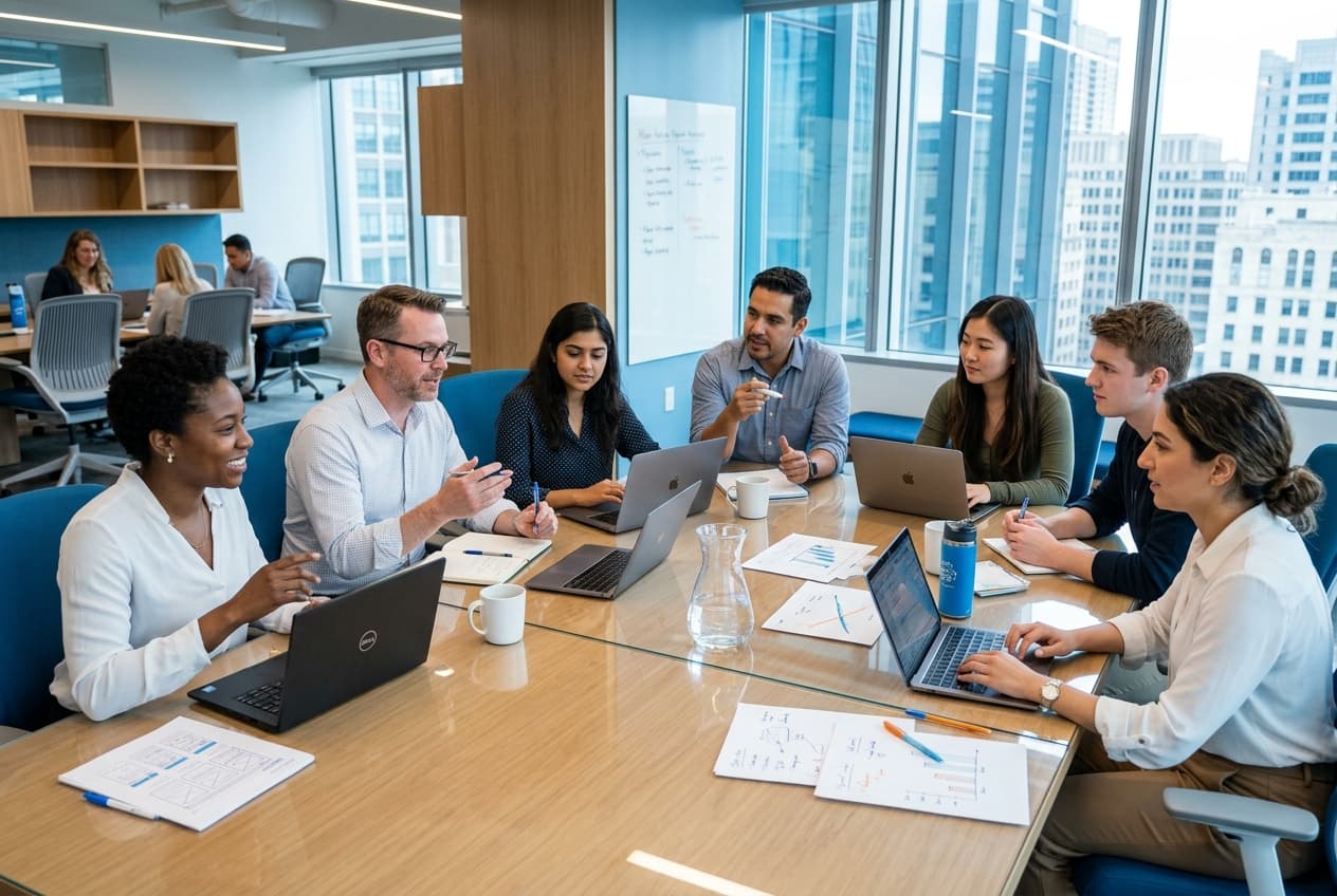 NovCleda software engineering team collaborating in a bright modern office workspace